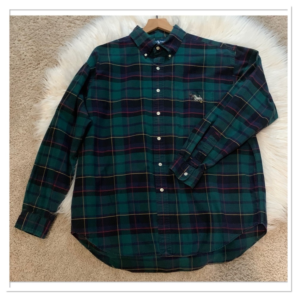 Ralph Lauren Vintage Plaid Blake Button Up Shirt Scottie Terrier Green Size XL